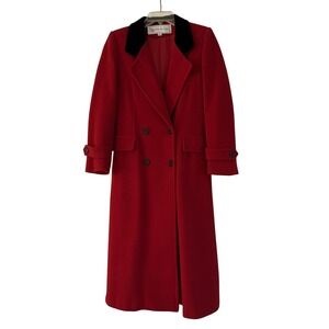 Vintage Evan-Picone Red 100% Wool Double Breasted Coat With Black Velvet Collar